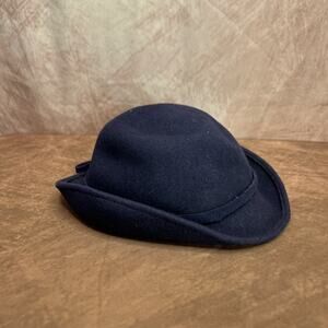 Vintage 40s Haverhill Bradford Corp Navy Bent Brim Wool Derby Hat Bow Round Top